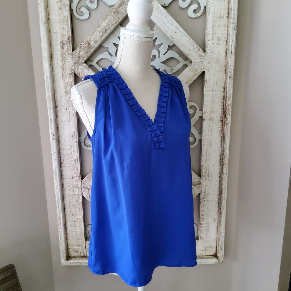 Premise Women's Ruffle V-Neck Sleeveless Top in Marine Blue